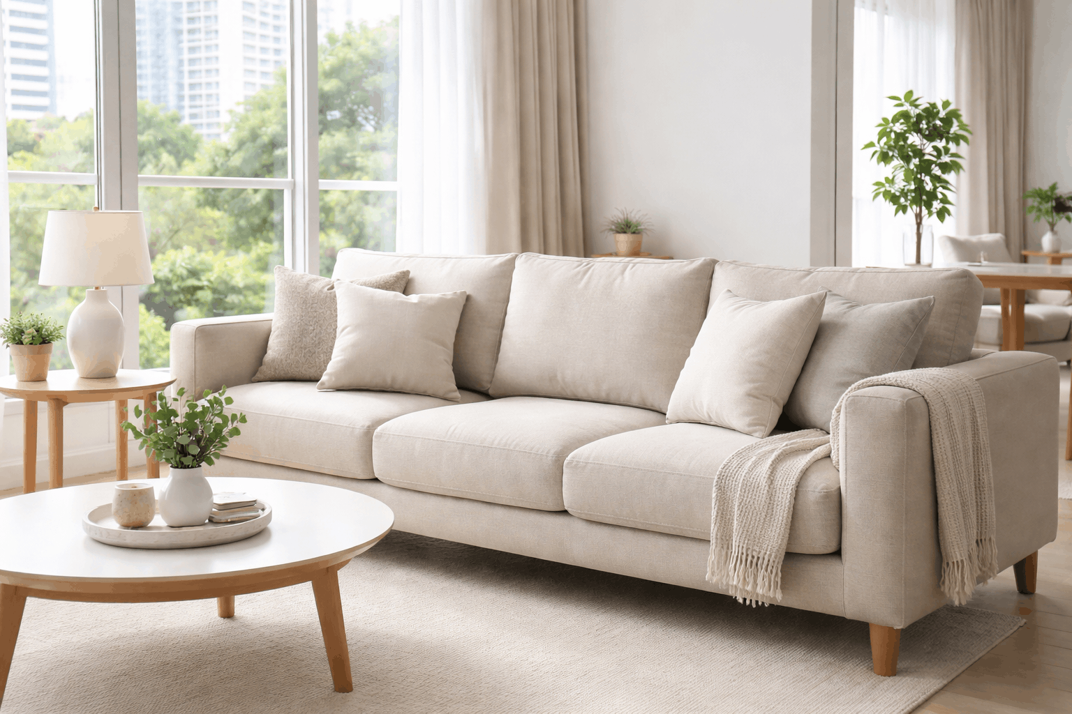 Clean sofa in a modern Singapore home with bright natural lighting